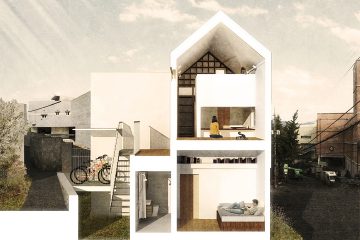 Corte longitudinal de la casa con escalera de gatos y loft para gatos de los arquitectos OBBA