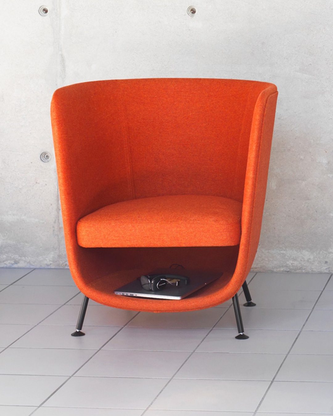 Pocket chair in orange, design furniture for cats and humans with place to cocoon